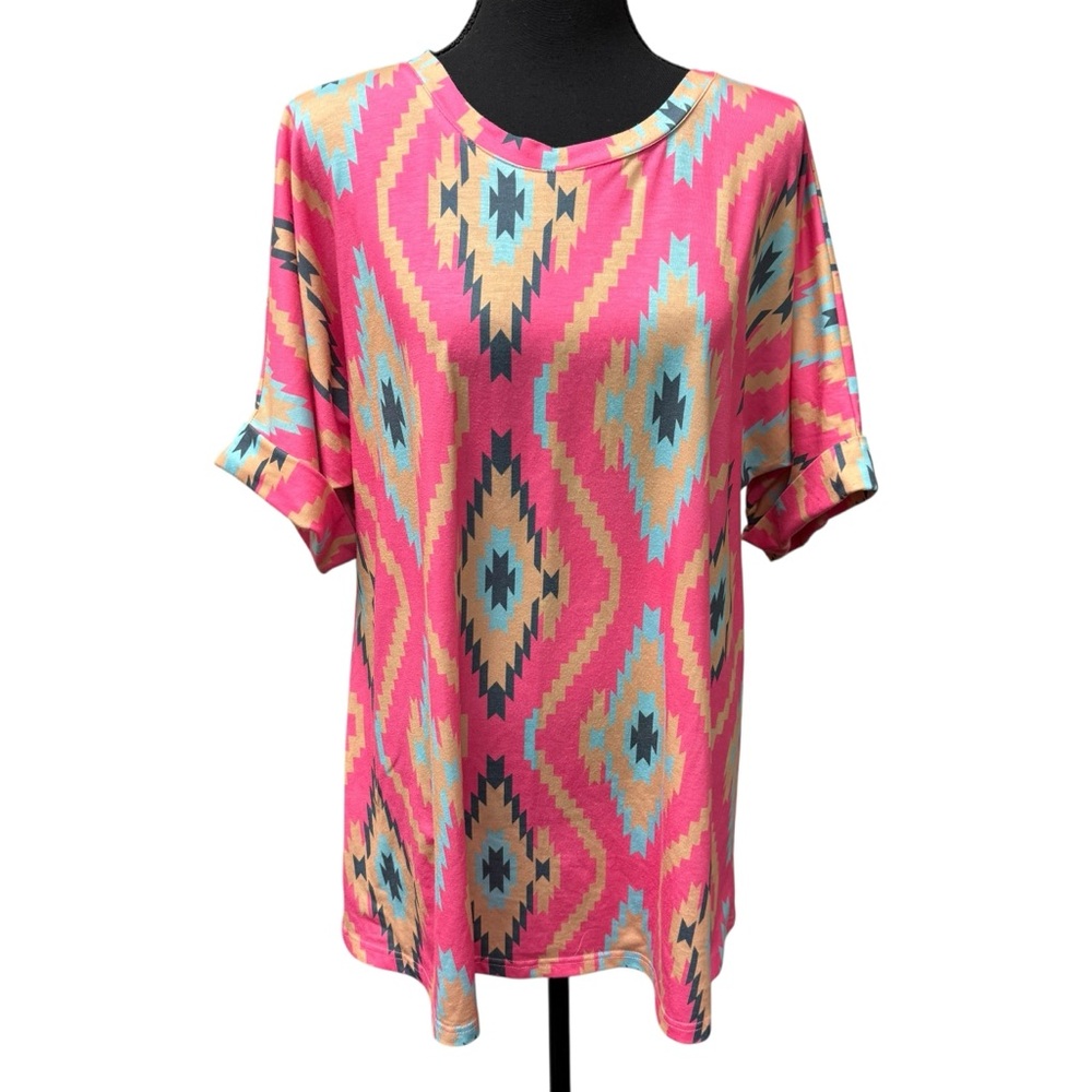 Southern Stitch Pink Aztec Boho Tunic Top Large Western Festival